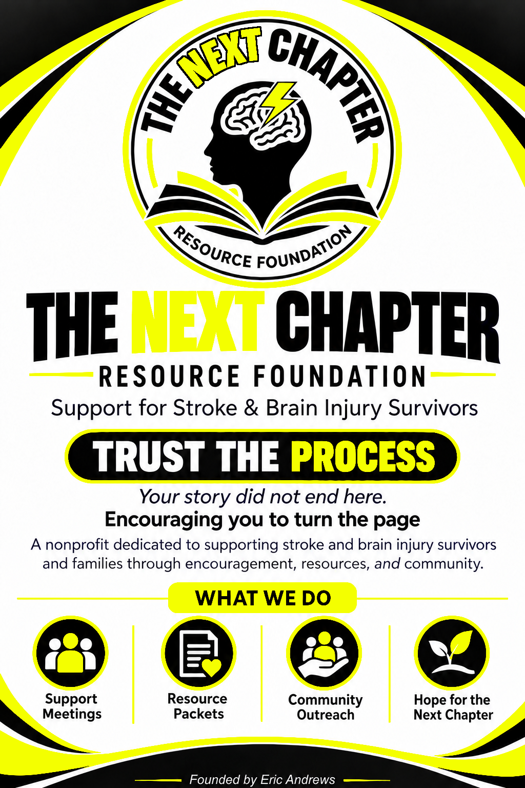 The Next Chapter Resource Foundation: a head with a brain and lightning bolt above an open book